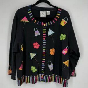 Michael Simon sweater womens 3x black beach flowers colorful plus artsy stripes
